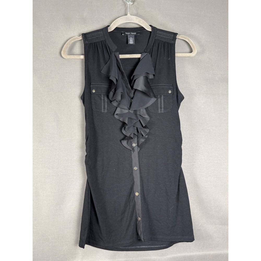 White House Black Market Ruffle Top Women XS Black Sleeveless Button Front Knit